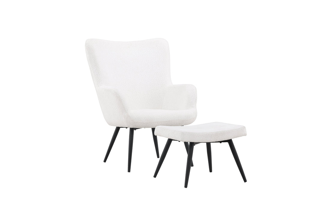 VENTURE DESIGN Como lænestol og fodskammel hvid bouclé polyester og sort stål
