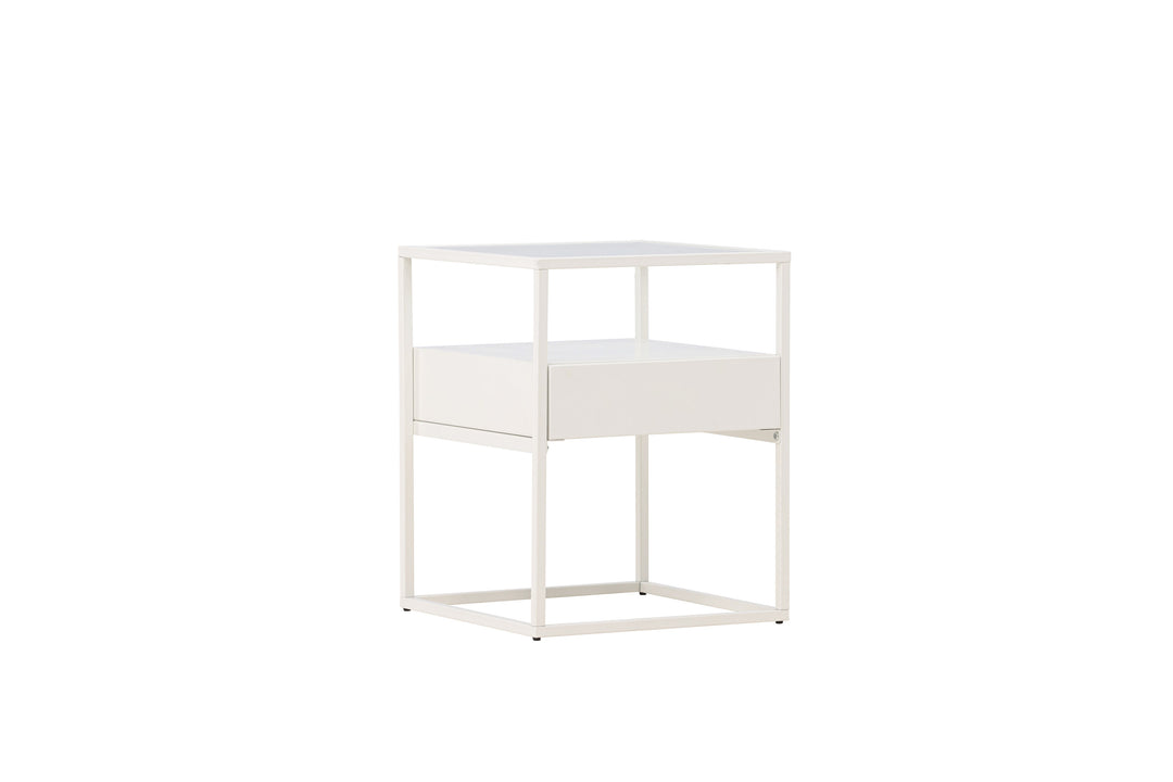 VENTURE DESIGN Fortaleza sidebord m. 1 skuffe glas og hvid stål 40x40