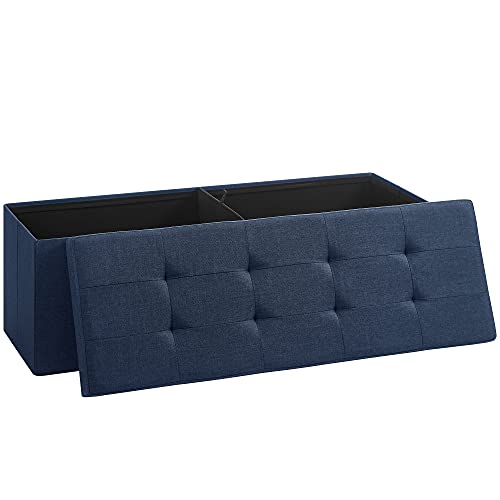 Produktbillede af SONGMICS Osmannisk opbevaringsbænk m. 1 låg 2 rum foldbar marineblå linned 110x38 i premium kvalitet