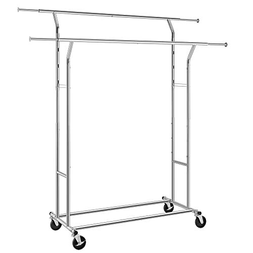 Produktbillede af SONGMICS Heavy Duty tøjstativ m. 2 justerbare bøjlestænger højdejusterbar hjul sølv jern i premium kvalitet