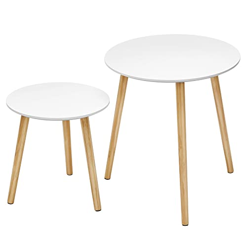 VASAGLE sidebord rund hvid MDF og natur fyrretræ sæt med 2