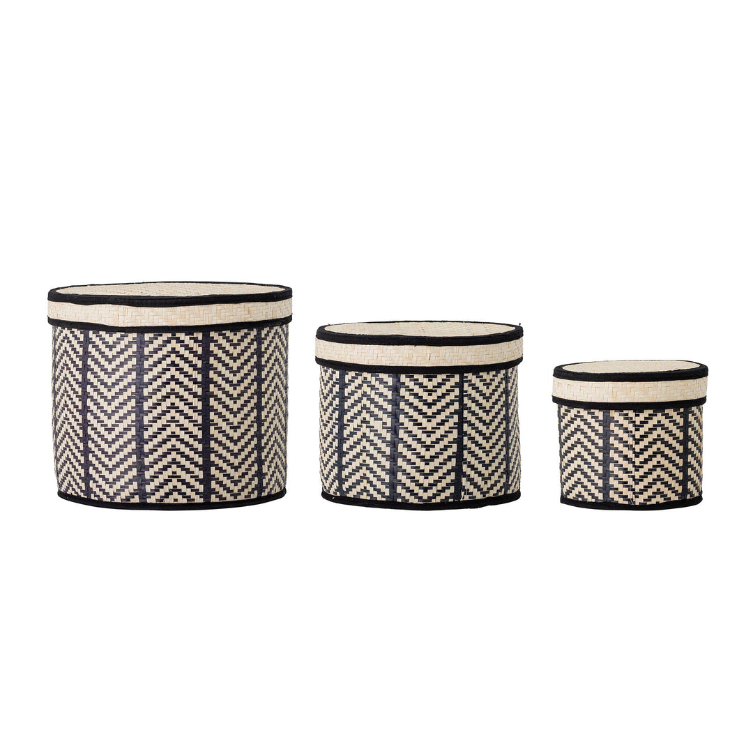 Produktbillede af BLOOMINGVILLE Islim Kurv m/Låg Sort Palm Leaf sæt af 3 i premium kvalitet