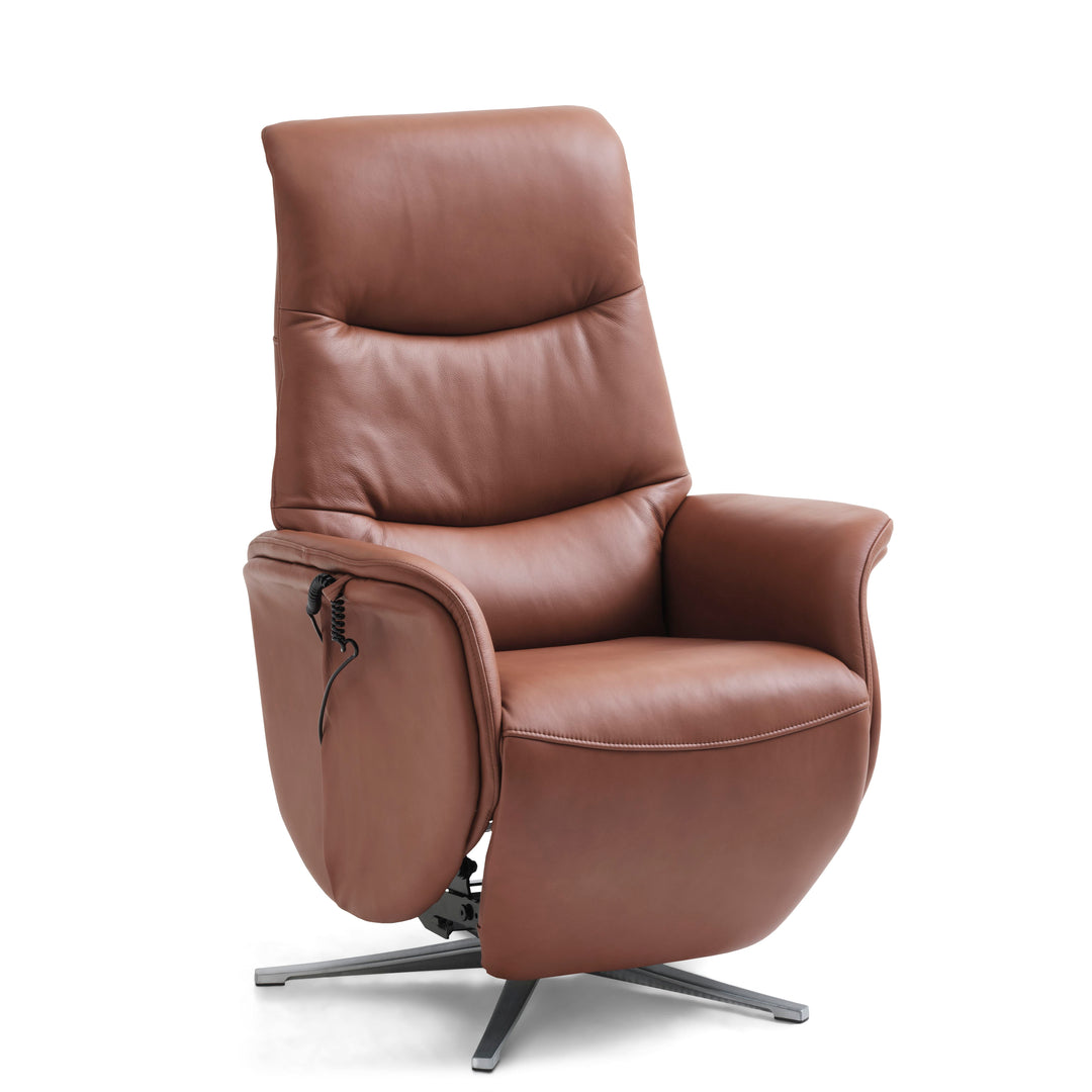 Vincent recliner stol 2 motorer armlæn vippefunktion fodskammel cognac semianilin læder/alu