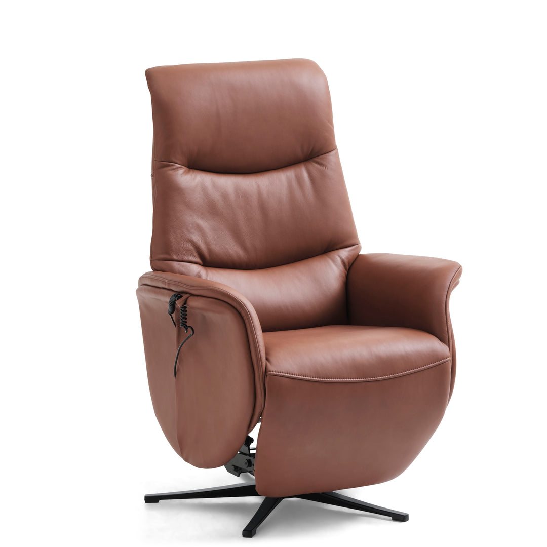 Vincent recliner stol 2 motorer armlæn vippefunktion fodskammel cognac semianilin læder/metal