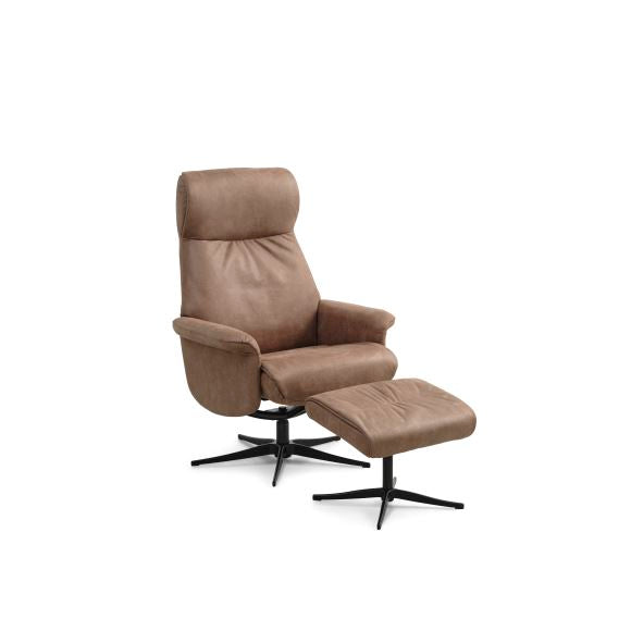 Tristan lænestol m. fodskammel vippefunktion armlæn mandel micro læder bull og sort metal