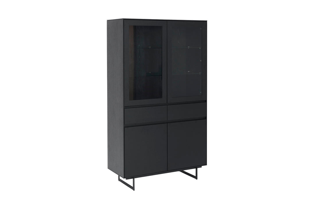 Produktbillede af Tokyo vitrineskab m. 4 låger 2 skuffer hylder LED lys glas sort egefinér og metal i premium kvalitet