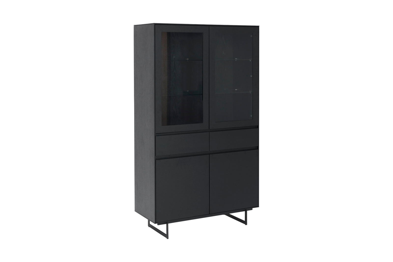 Produktbillede af Tokyo vitrineskab m. 4 låger 2 skuffer hylder LED lys glas sort egefinér og metal i premium kvalitet