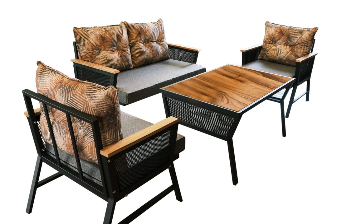 NORDVÄRK Mers udendørs loungesæt m. 2 stole 1 sofa 1 bord multifarvede hynder sort metal/træ