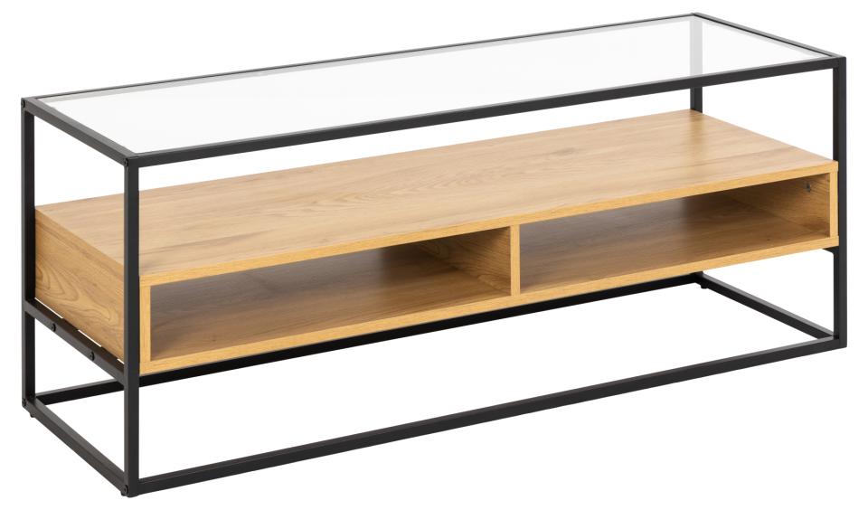 Produktbillede af ACT NORDIC Randolf TV-bord 1 hylde 2 rum klar glas natur vild eg melamin sort stål 120x40 i premium kvalitet