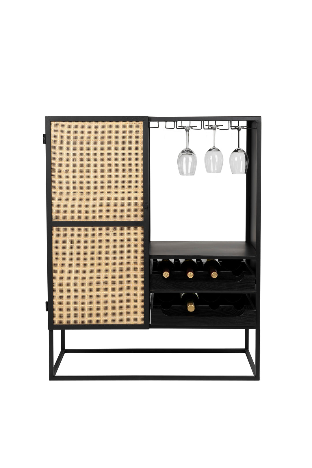 WHITE LABEL LIVING Guuji Low vinskab m. 1 låge og hylder rattan og sort jern