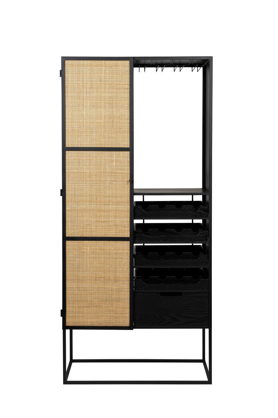 WHITE LABEL LIVING Guuji Høj vinskab m. 1 låge og hylder rattan og sort jern
