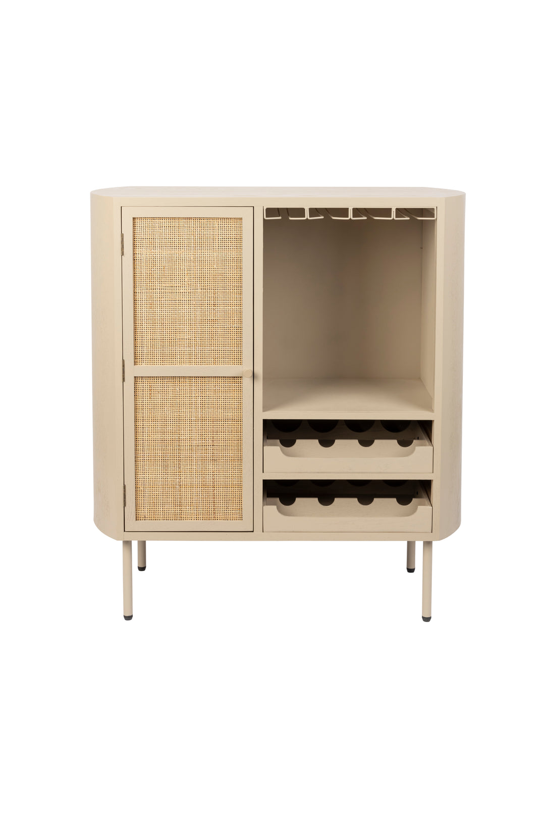 WHITE LABEL LIVING Amaya Low vinskab m. 1 låge og hylder rattan og beige stål