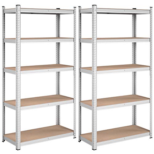 Produktbillede af SONGMICS reol til redskabsrum m. 5 hylder MDF og sølv stål sæt med 2 i premium kvalitet