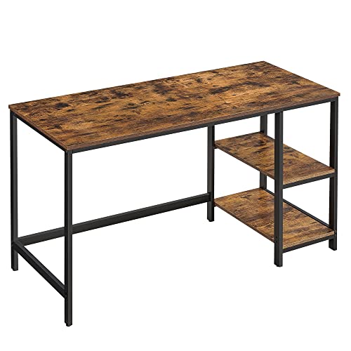 VASAGLE skrivebord m. 2 hylder rustik brun spånplade og sort stål 140x60