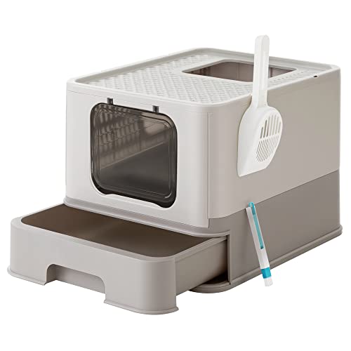 Produktbillede af FEANDREA kattebakke m. låg og udtræksskuffe til katte op til 15 kg lys og varm grå plastik i premium kvalitet