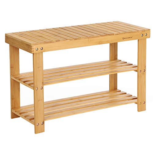 SONGMICS bænk m. 2 hylder natur bambus 70x28