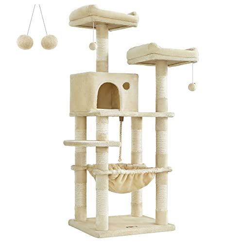 FEANDREA kradsetræ 5 niveauer 2 platforme 1 hule 2 pomponer 1 hængekøje beige plys