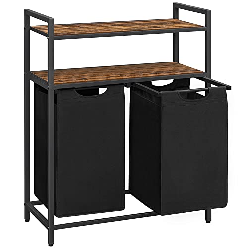 VASAGLE vasketøjskurv m. 2 rum og 2 hylder brun MDF og sort stof/stål