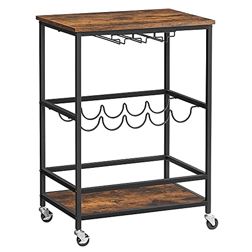 VASAGLE rullebord hylde holder til glas og flasker rustik brun spånplade og sort stål 60x40