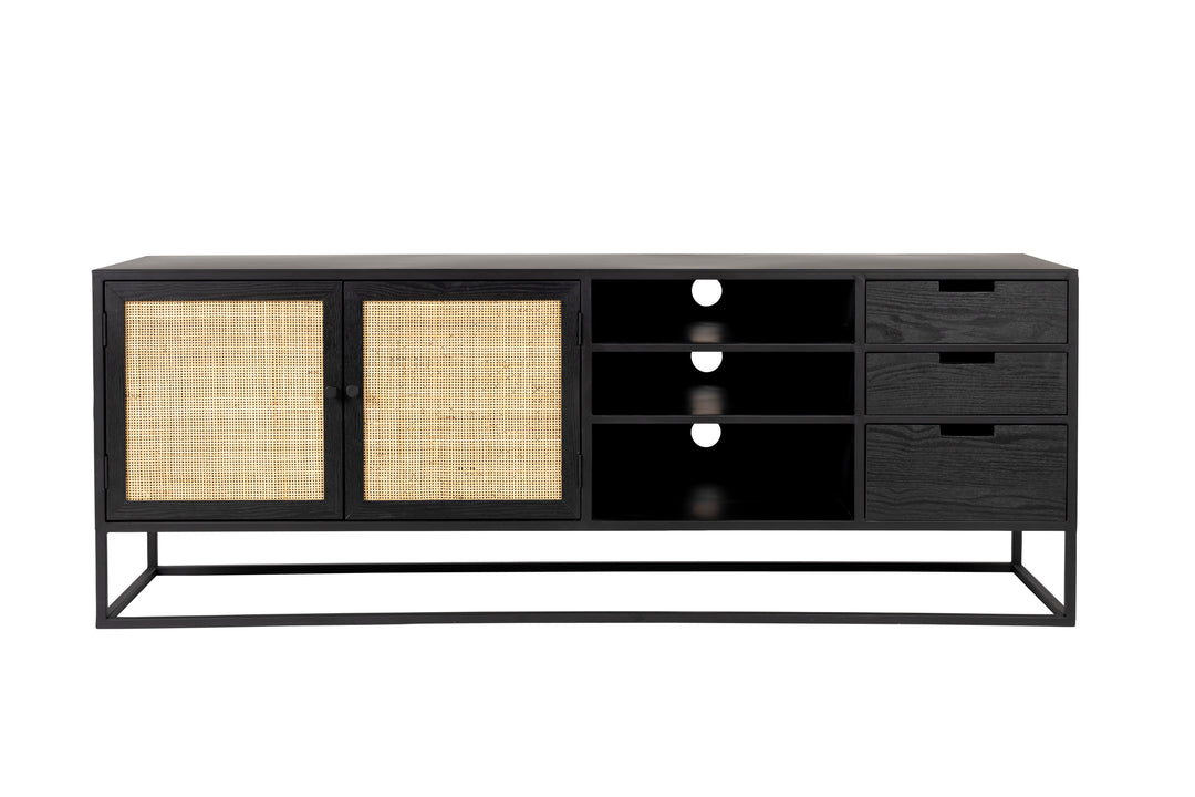 WHITE LABEL LIVING Guuji skænk m. 2 låger 3 skuffer hylder rattan og sort askefinérjern