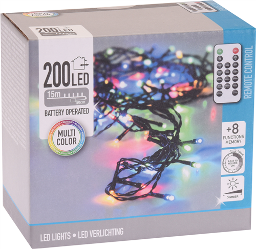 Produktbillede af Lyskæde 200 Led Farvet T/batt. Timer Dæmpbar Fjernb. på tilbud i premium kvalitet