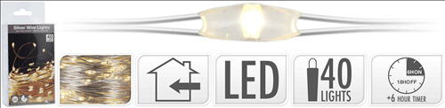 Produktbillede af Lyskæde Stålwire Indendørs M/40 Led Varm Hvid M/timer på tilbud i brug