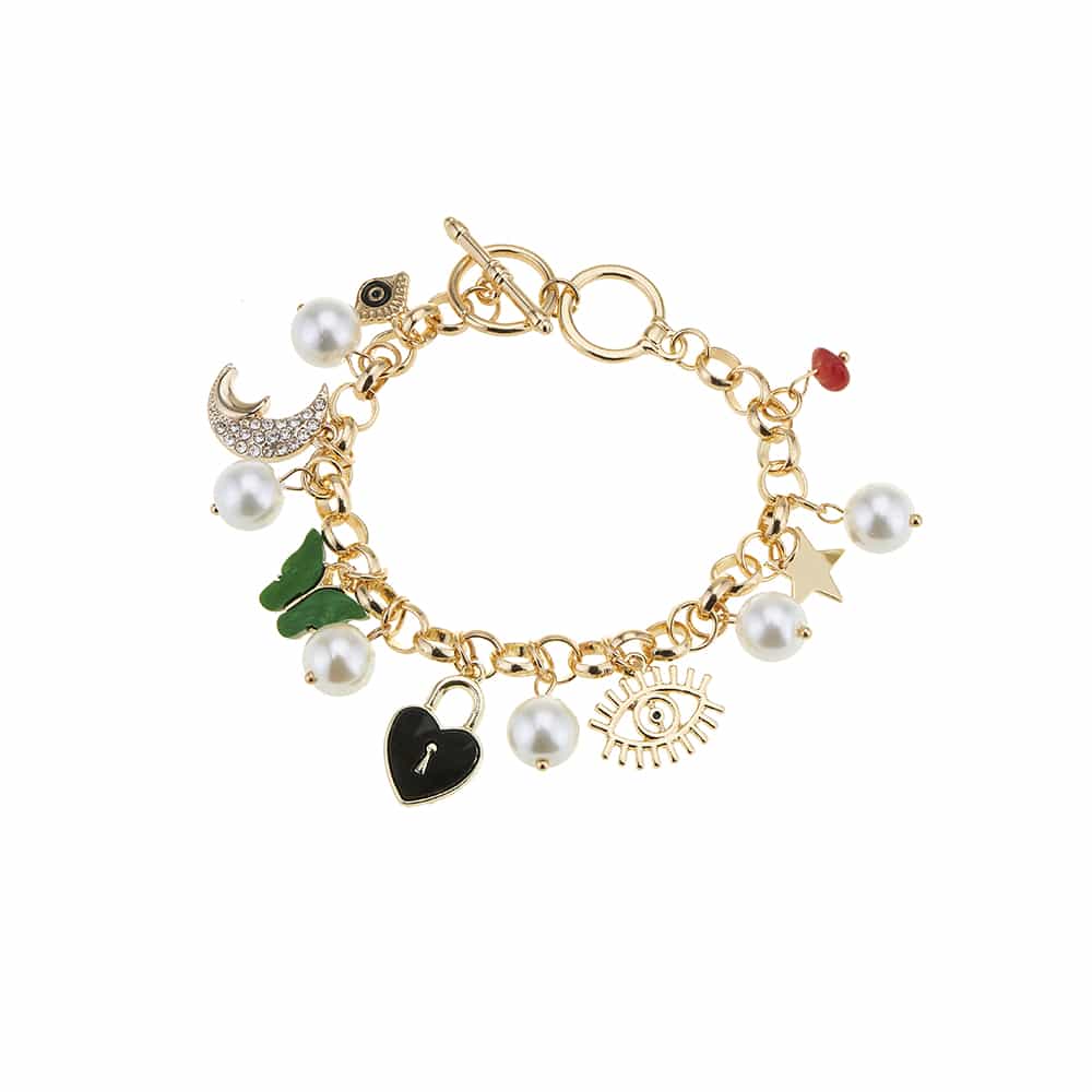 Produktbillede af Køb Armbånd med mange forskellige charms og store perler på tilbud