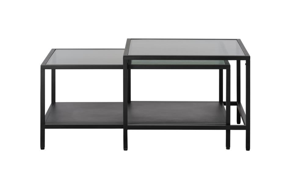 Bronco Nest sofabord m. 1 hylde riflet glas og sort metal 60-90x60-45