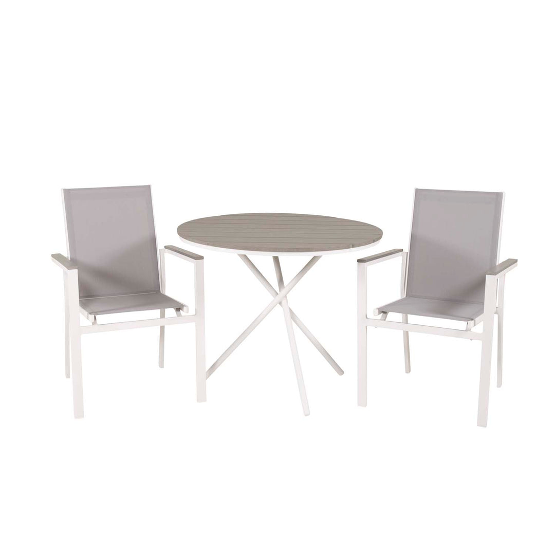 Produktbillede af VENTURE DESIGN Parma havesæt m. cafébord og 2 stole m. armlæn hvid alu/grå textilene/grå aintwood i premium kvalitet