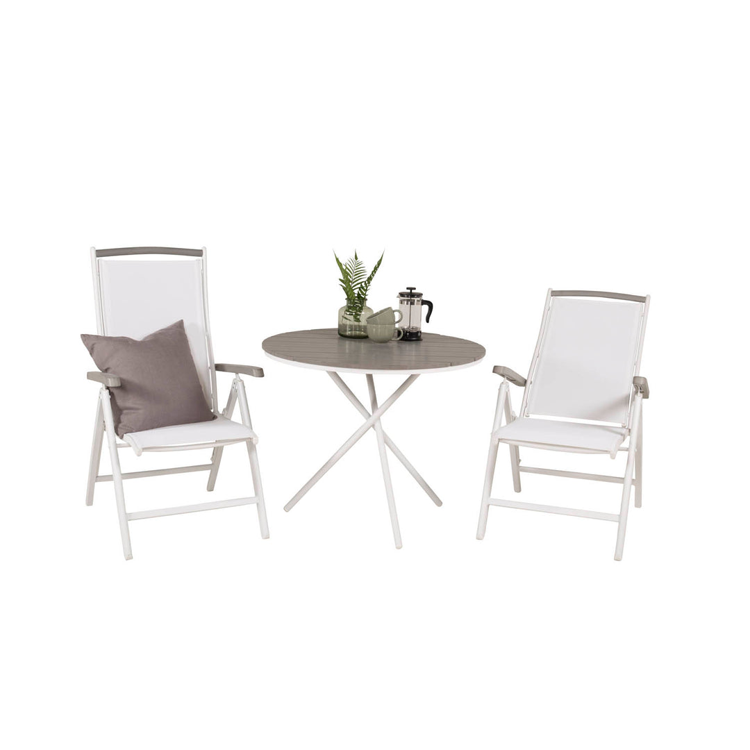 VENTURE DESIGN havesæt m. Parma bord Ø 90 og 2 Albany stole m. armlæn hvid alu/hvid textilene