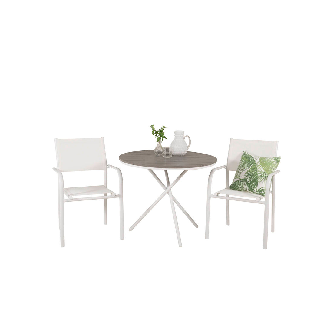 VENTURE DESIGN havesæt m. Parma cafébord Ø 90 og 2 Santorini stole m. armlæn hvid alu/textilene
