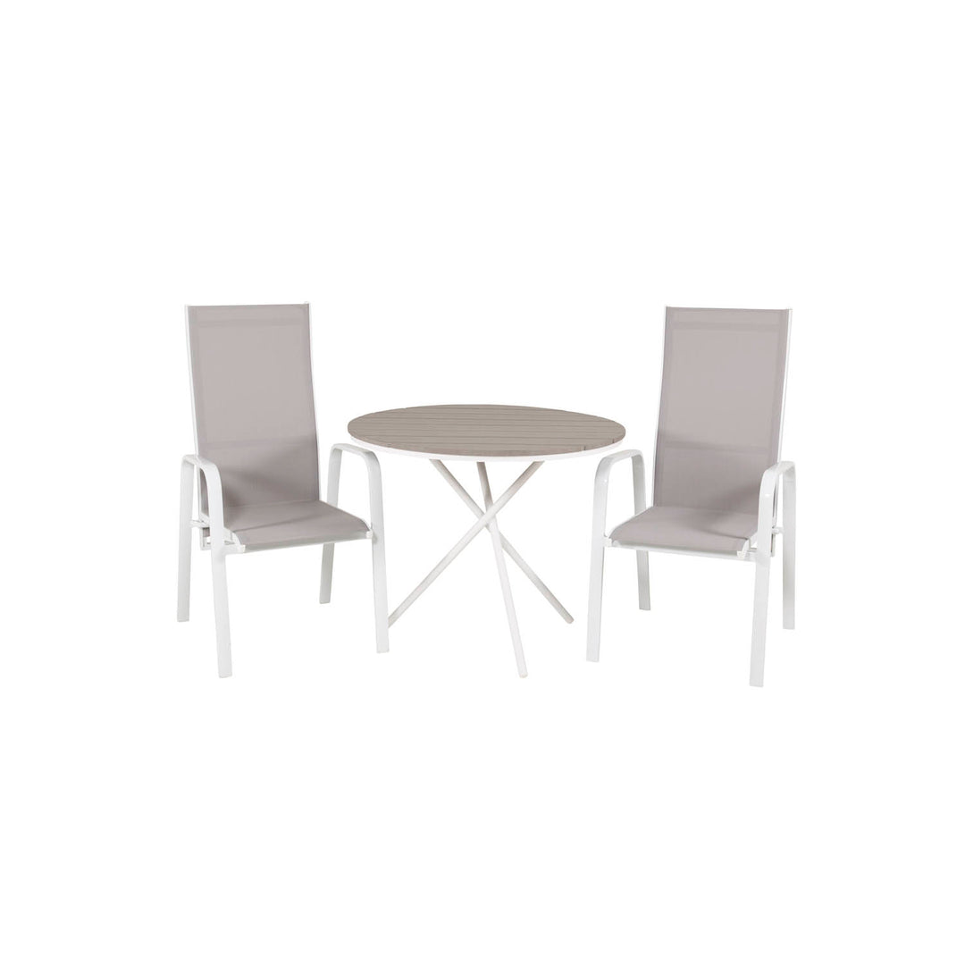 VENTURE DESIGN havesæt m. Parma bord Ø 90 og 2 Copacabana stole m. recliner hvid alu/grå textile
