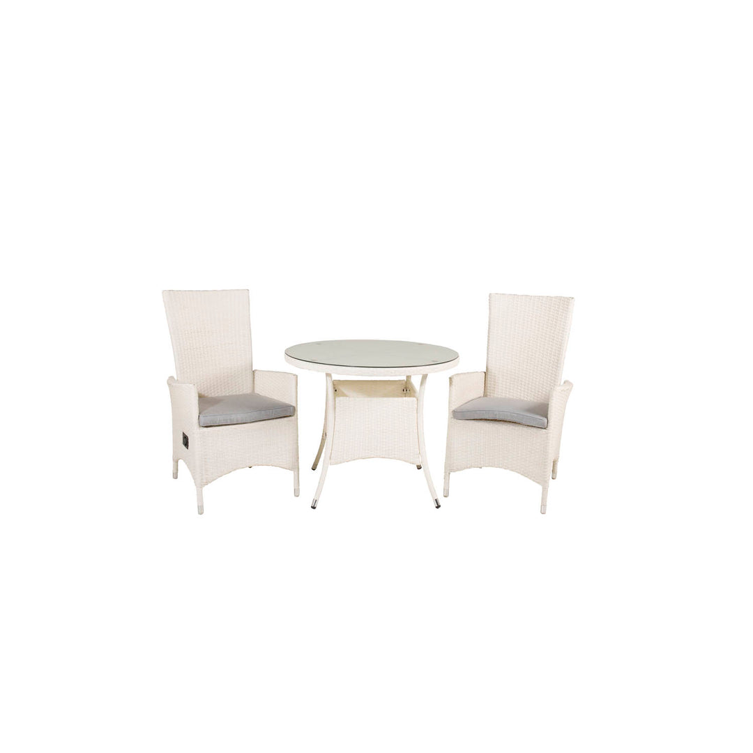 VENTURE DESIGN havesæt m. Volta bord Ø 90 og 2 Padova stole m. recliner + hynde hvid rattan/glas