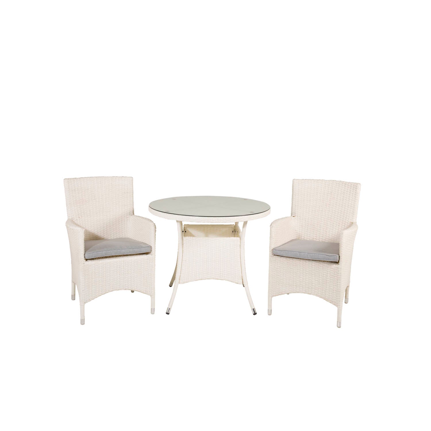 Produktbillede af VENTURE DESIGN havesæt m. Volta bord Ø90 og 2 Malin stole m. armlæn og hynde hvid rattan og glas i premium kvalitet