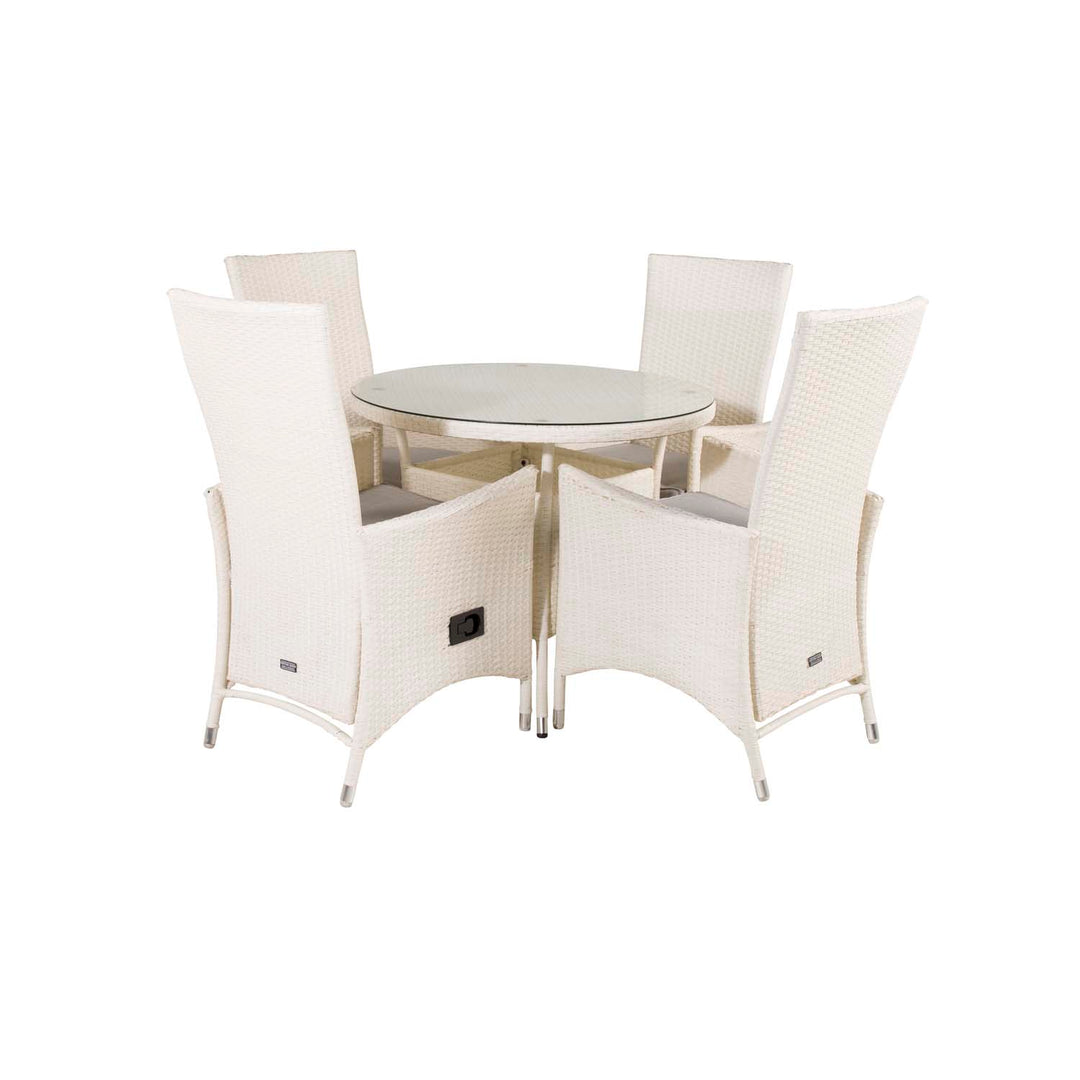 VENTURE DESIGN havesæt m. Volta bord Ø 90 og 4 Padova stole m. recliner + hynde hvid rattan/glas