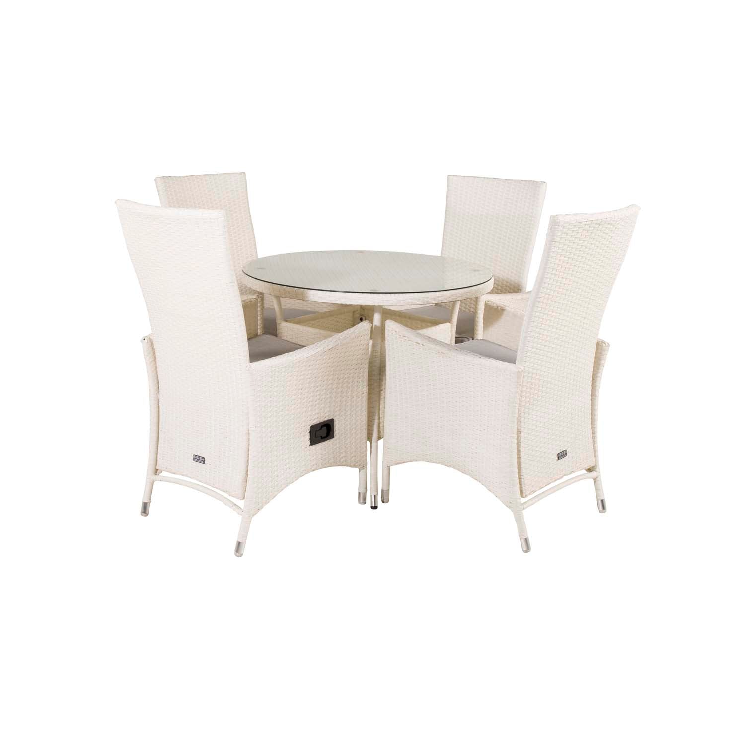 Produktbillede af VENTURE DESIGN havesæt m. Volta bord Ø 90 og 4 Padova stole m. recliner + hynde hvid rattan/glas i premium kvalitet