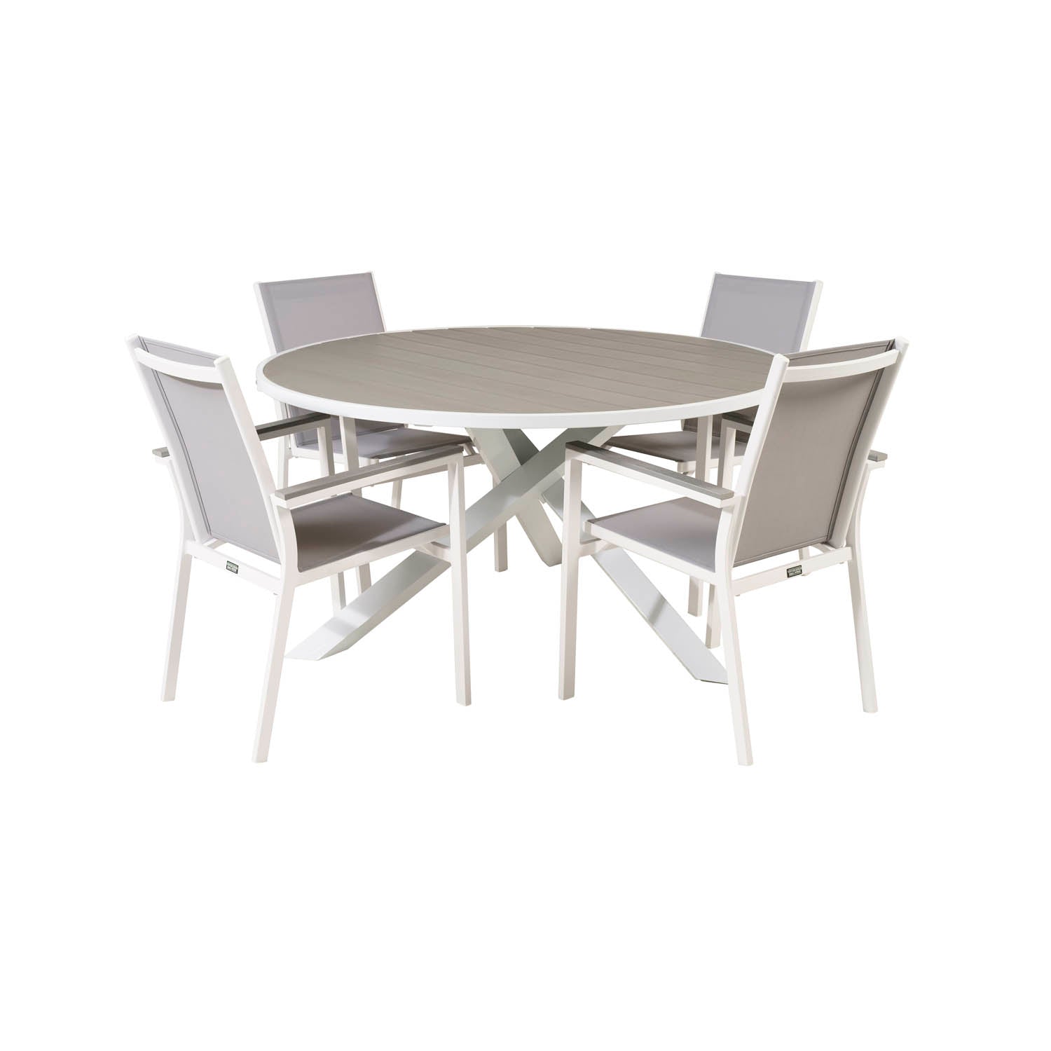 Produktbillede af VENTURE DESIGN Parma havesæt m. bord Ø140 og 4 stole m. armlæn hvid alu/grå textilene/aintwood i premium kvalitet