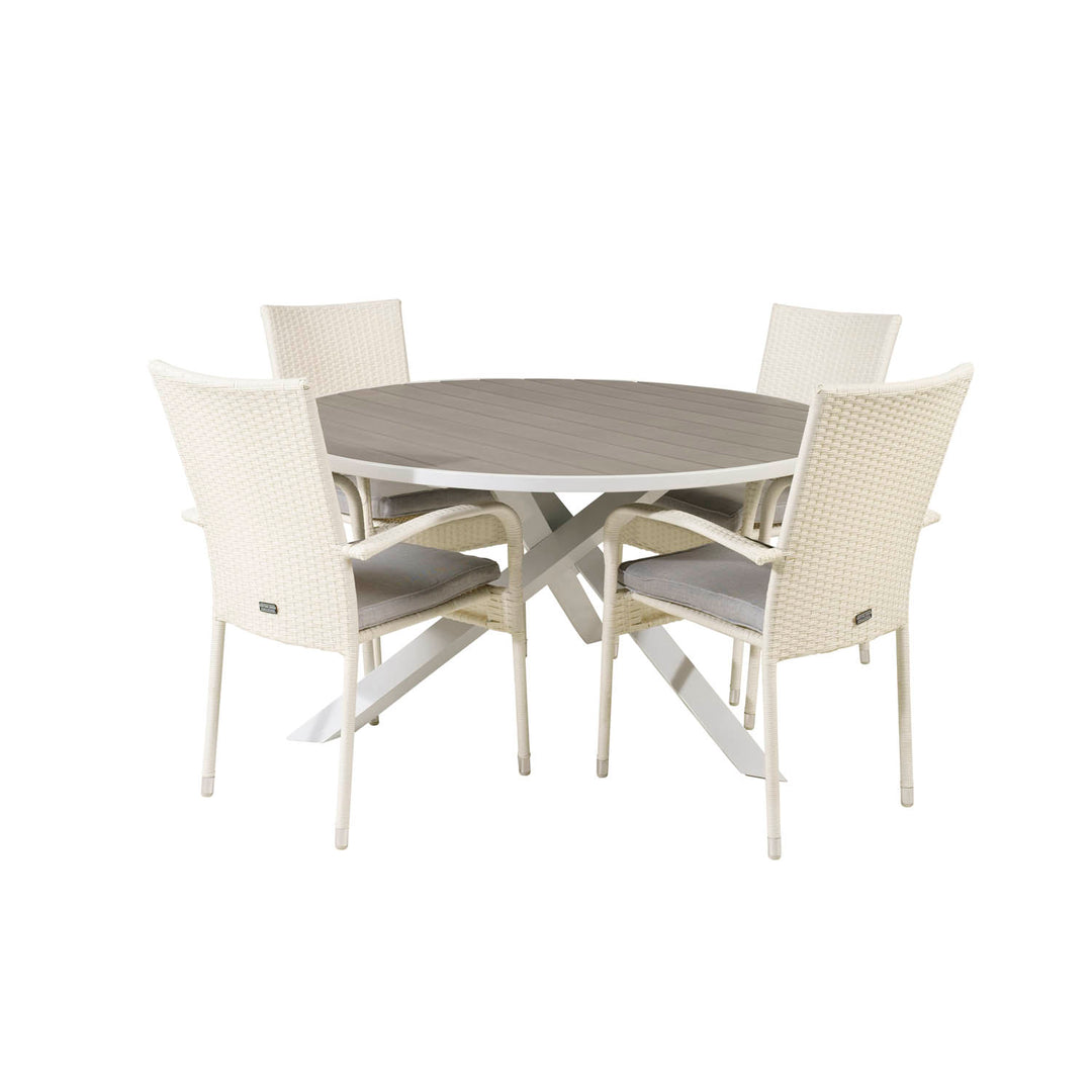VENTURE DESIGN havesæt m. Parma bord Ø140 og 4 Anna stole m. armlæn hvid alu/rattan/grå aintwood