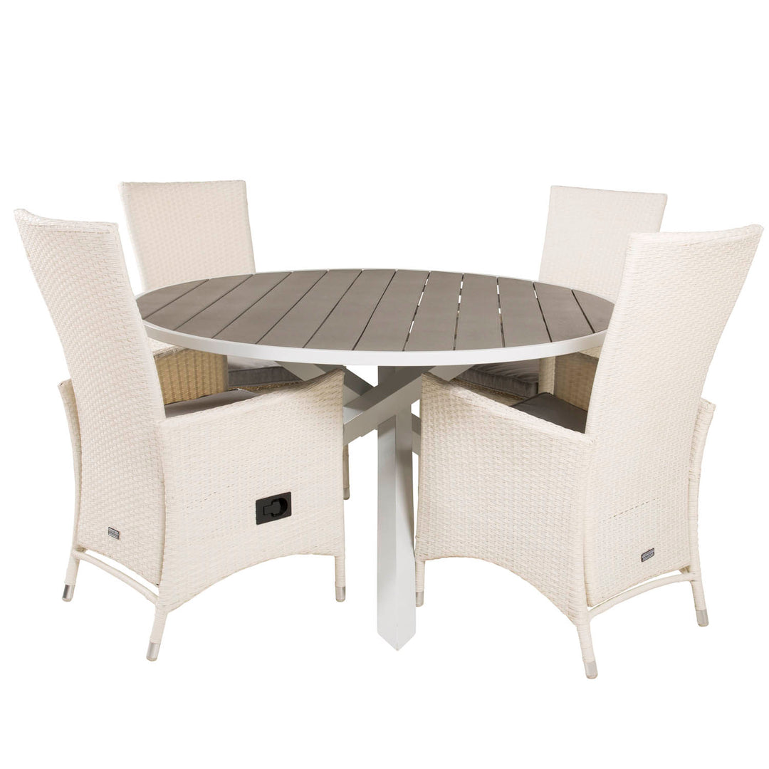 VENTURE DESIGN havesæt m. Parma bord Ø140 og 4 Padova stole m recliner hvid rattan/grå aintwood