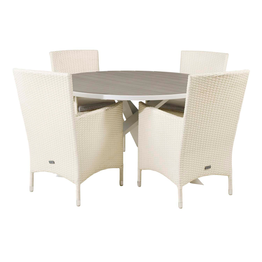 VENTURE DESIGN havesæt m. Parma bord Ø140 og 4 Malin stole m. armlæn hvid rattan/grå aintwood