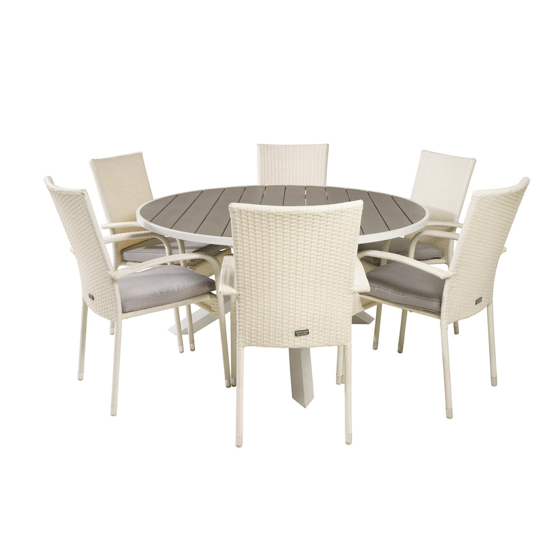 VENTURE DESIGN havesæt m. Parma bord Ø140 og 6 Anna stole m. armlæn hvid rattan/alu/grå aintwood