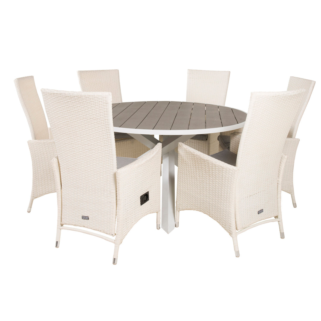 VENTURE DESIGN havesæt m. Parma bord Ø140 og 6 Padova stole m recliner hvid rattan/grå aintwood