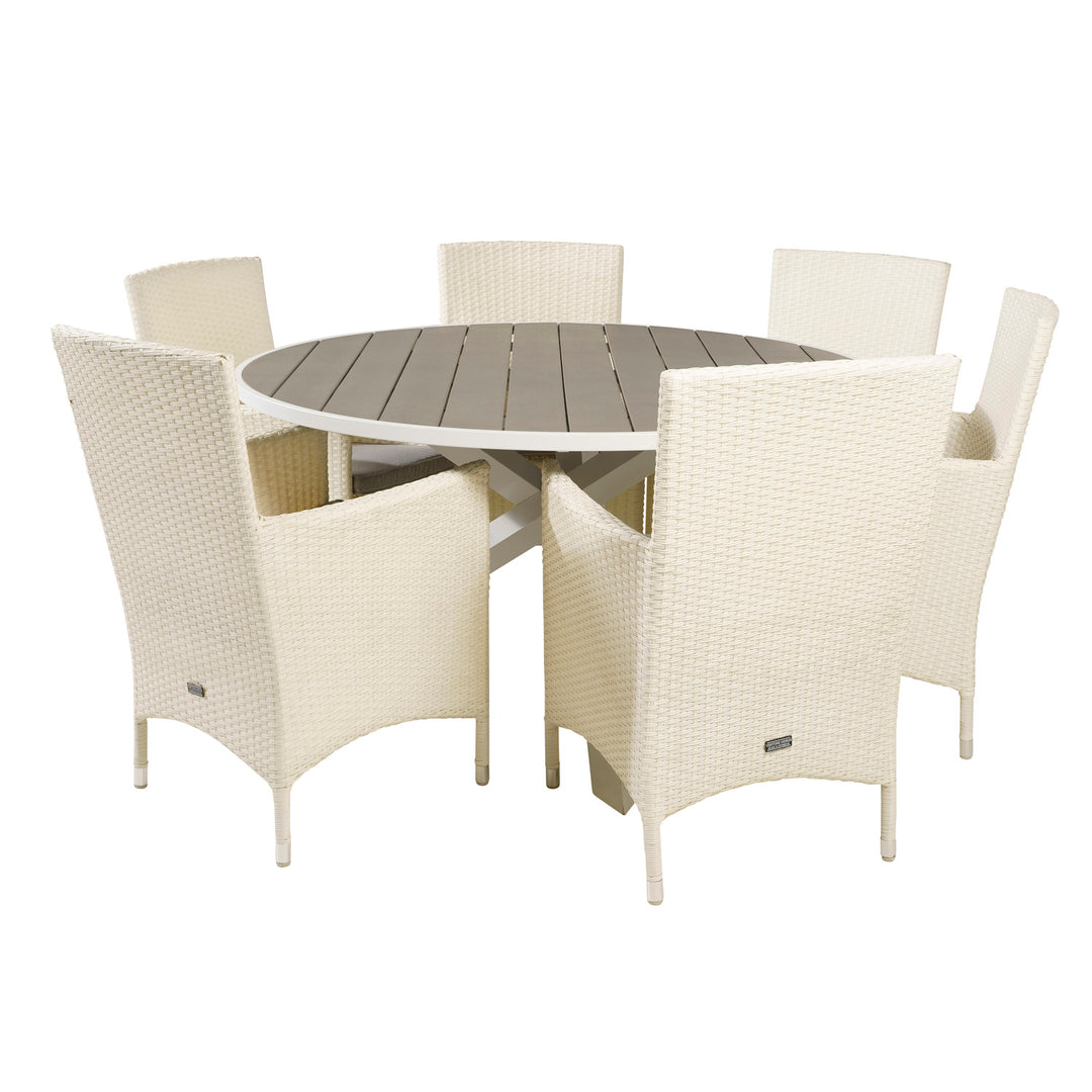 VENTURE DESIGN havesæt m. Parma bord Ø140 og 6 Malin stole m. armlæn grå aintwood/hvid rattan