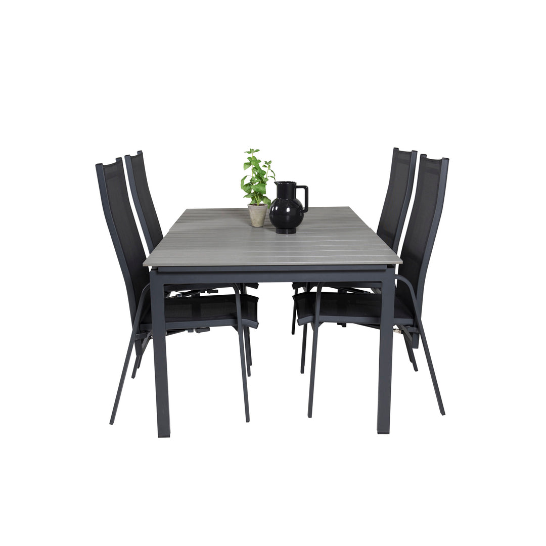 VENTURE DESIGN havesæt m Levels bord m udtræk og 4 Copacabana recliner stole grå aintwood/sort alu