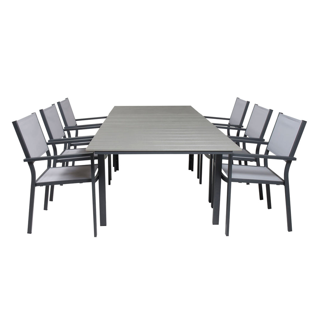 VENTURE DESIGN havesæt m. Levels bord m. udtræk og 6 Copacabana stole m. armlæn aintwood/alu
