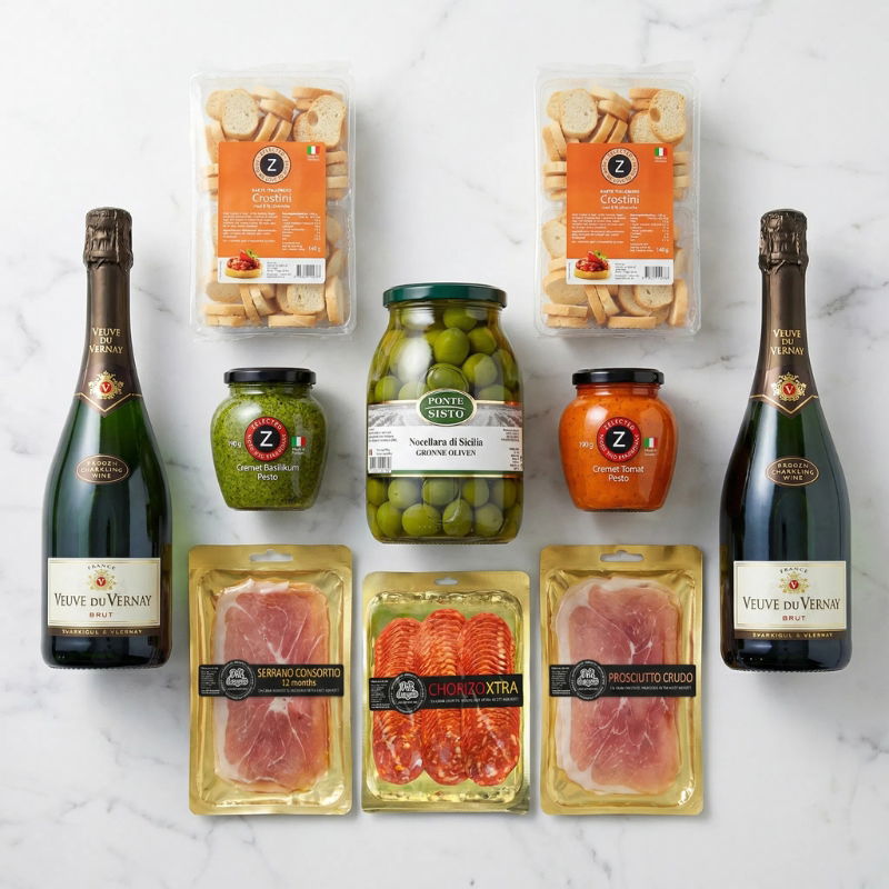 Produktbillede af Den Lille Velkomstpakke Tapas & Vin Til 2-4 Personer. på tilbud – premium kvalitet og detaljer