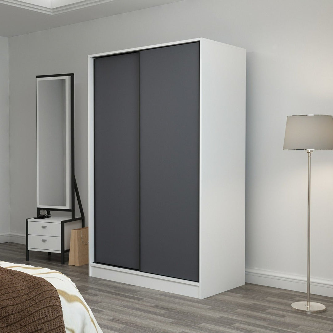 FUNZI LIVING 2308 garderobeskab m. 2 skydelåger 1 bøjlestang 5 hylder hvid og antracitgrå