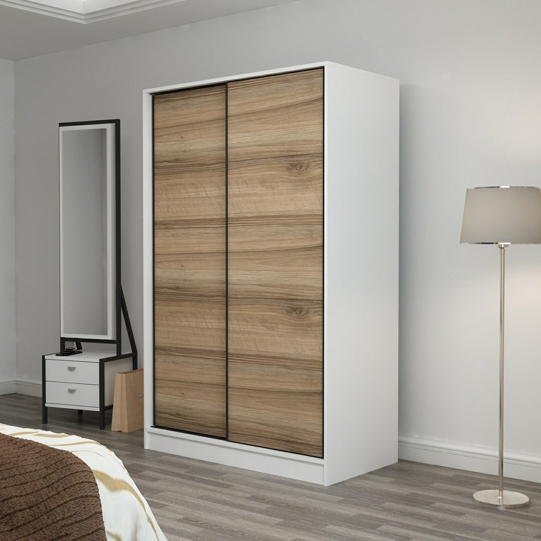 FUNZI LIVING 2311 garderobeskab m. 2 skydelåger 1 bøjlestang 5 hylder hvid og egefarvet melamin