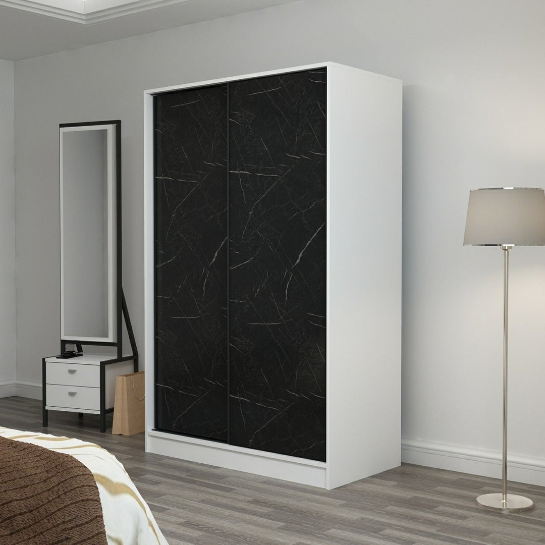 FUNZI LIVING 2312 garderobeskab m. 2 skydelåger 1 bøjlestang 5 hylder sten og hvid
