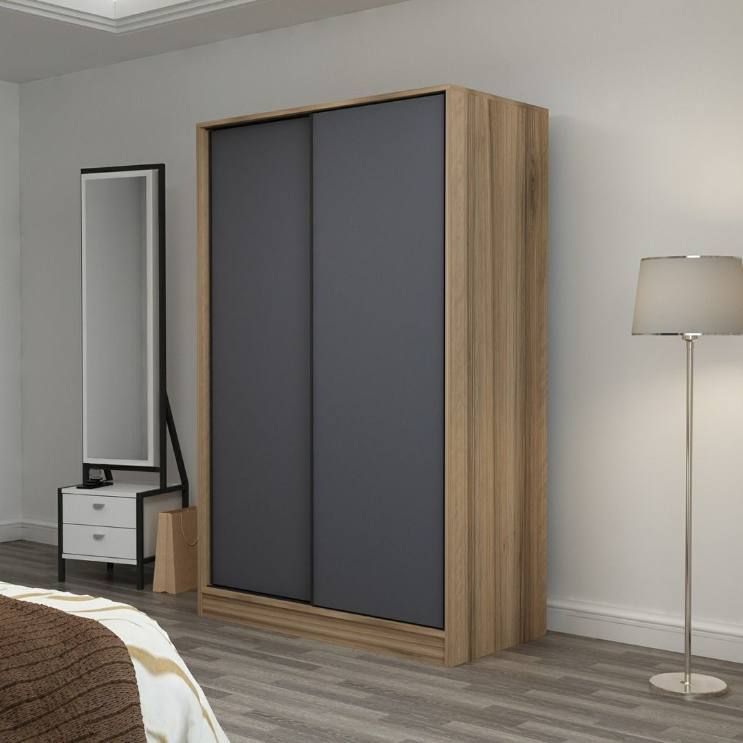 FUNZI LIVING 2316 garderobeskab m. 2 skydelåger 1 bøjlestang 5 hylder antracitgrå og egefarvet